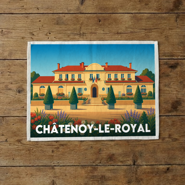 Torchon souvenir de la ville de Châtenoy-le-Royal avec une illustration stylisée.
