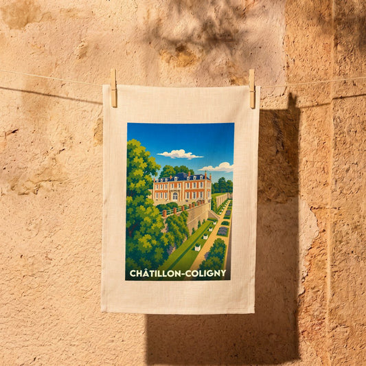 Torchon souvenir de la ville de Châtillon-Coligny avec une illustration stylisée de son château et de ses jardins.