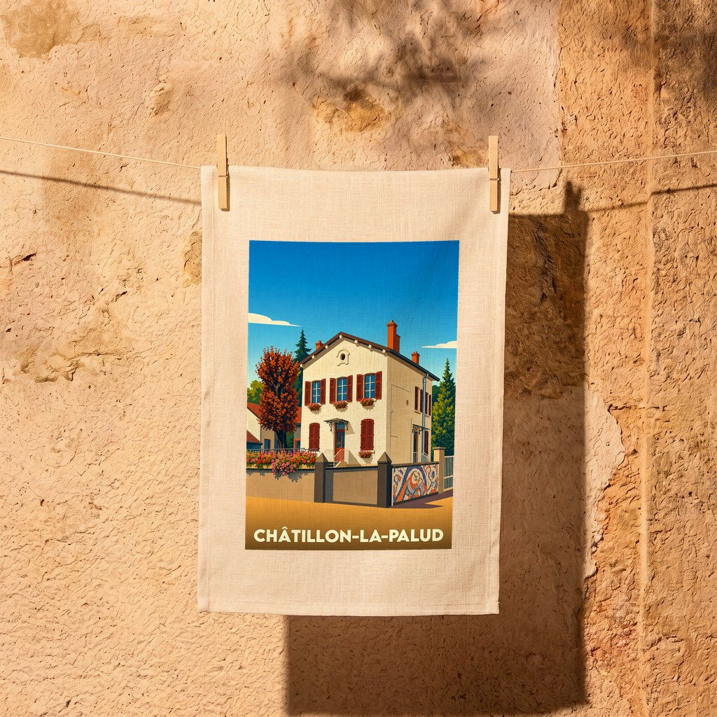 Torchon souvenir de la ville de Châtillon-la-Palud avec une illustration stylisée.