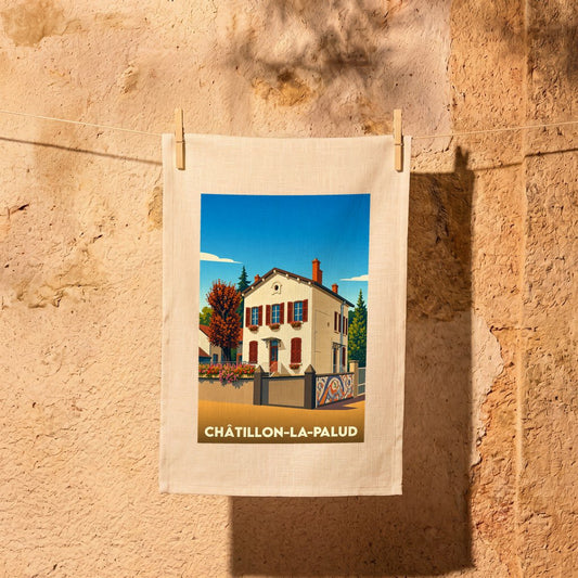 Torchon souvenir de la ville de Châtillon-la-Palud avec une illustration stylisée.