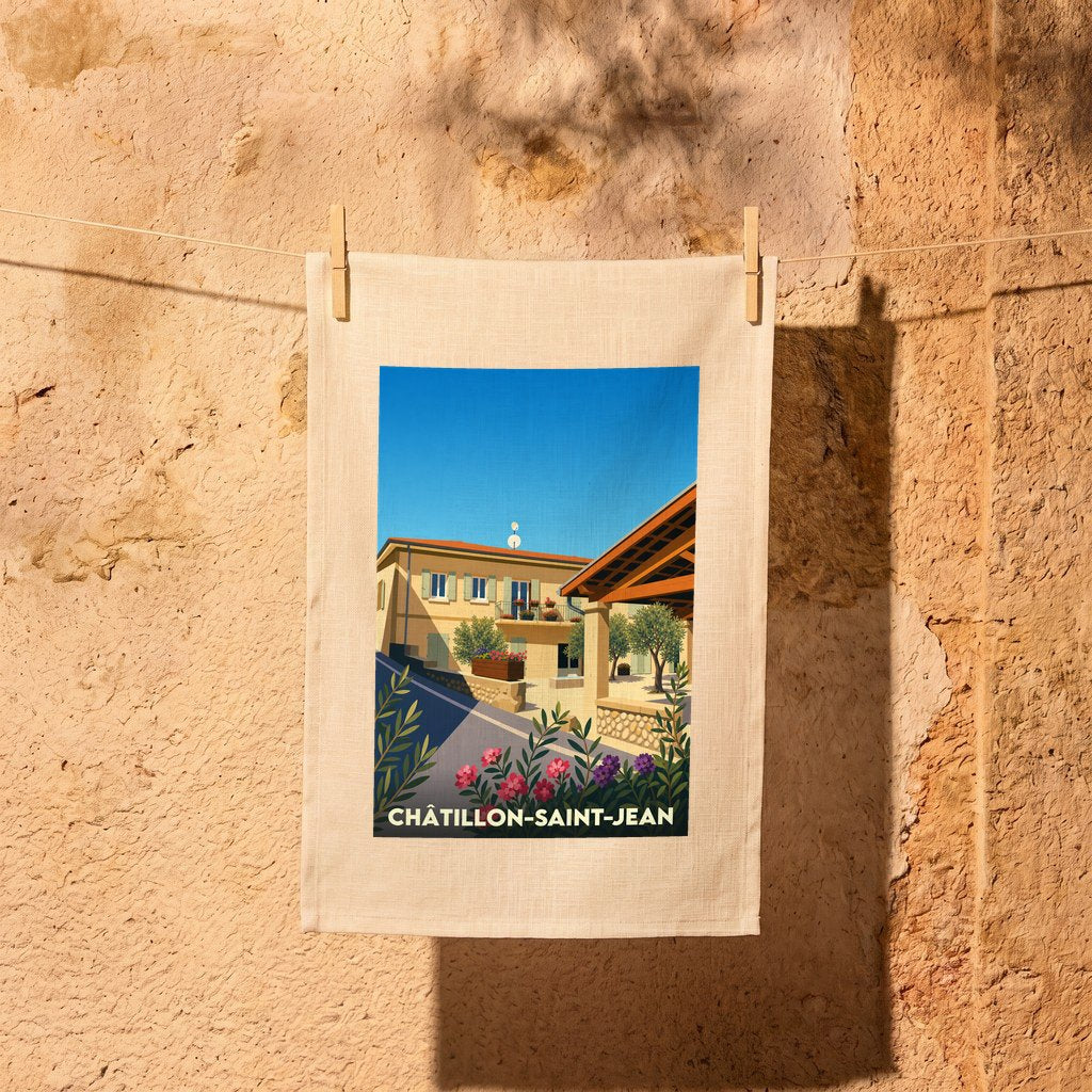 Torchon souvenir de la ville de Châtillon-Saint-Jean avec une illustration stylisée d'un paysage urbain provençal.