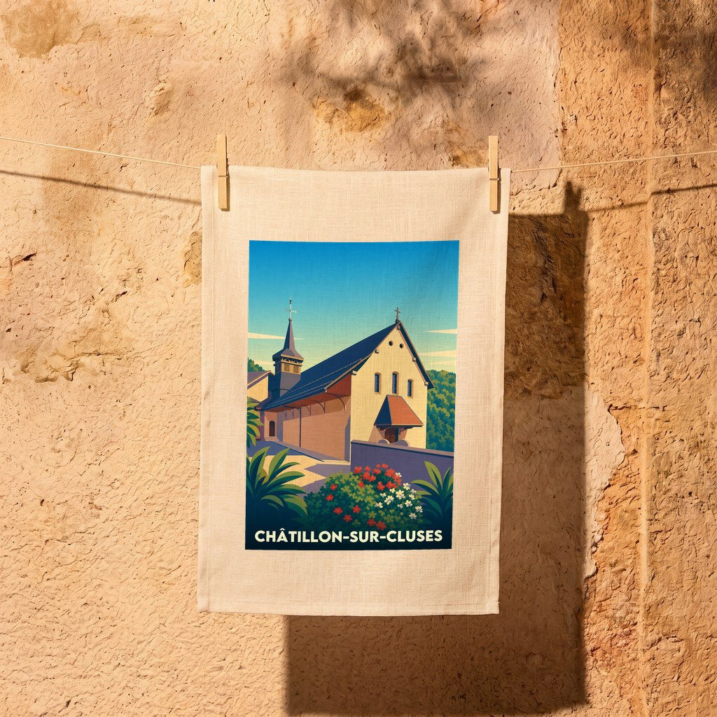 Torchon souvenir de la ville de Châtillon-sur-Cluses avec une illustration stylisée de son église.