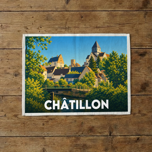 Torchon souvenir de la ville de Châtillon avec une illustration stylisée du paysage urbain.