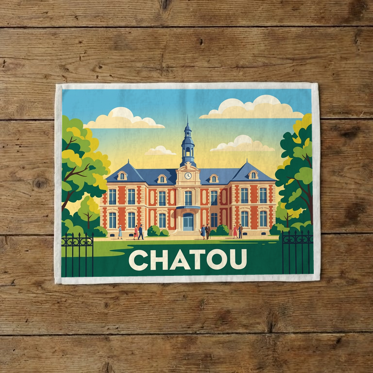 Torchon souvenir de la ville de Chatou avec une illustration colorée et stylisée.