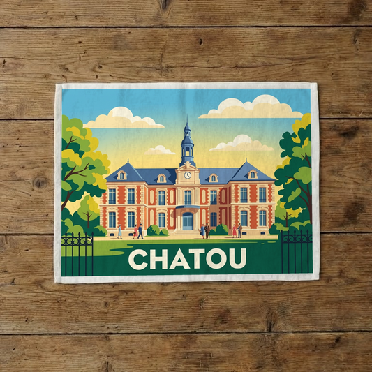 Torchon souvenir de la ville de Chatou avec une illustration colorée et stylisée.