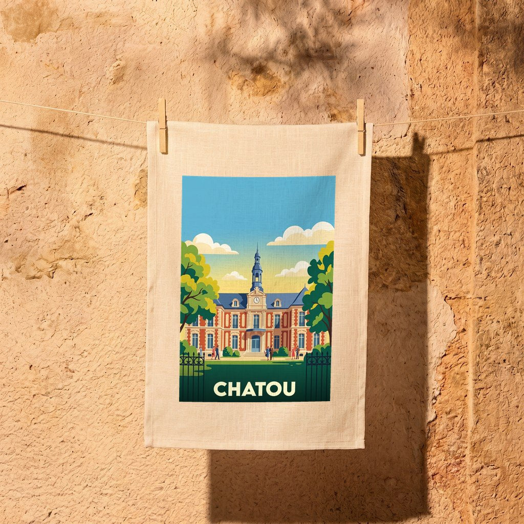 Torchon souvenir de la ville de Chatou avec une illustration colorée et stylisée.