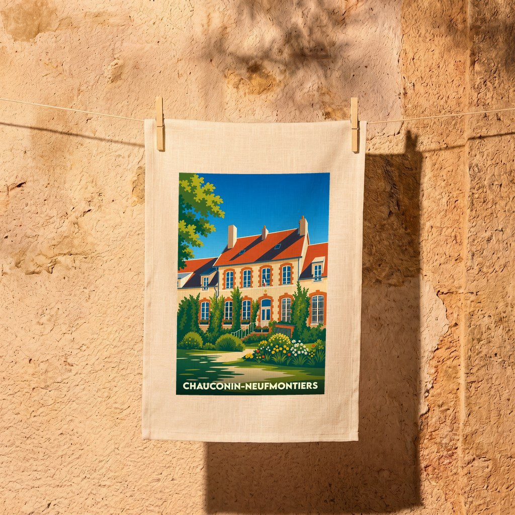 Torchon souvenir de la ville de Chauconin-Neufmontiers avec une illustration colorée et stylisée de l'hôtel de ville.