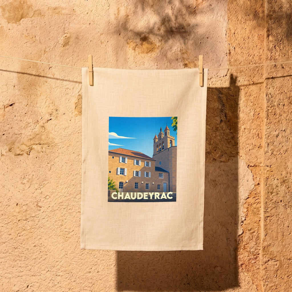 Torchon souvenir de la ville de Chaudeyrac avec une illustration stylisée d'un bâtiment historique.