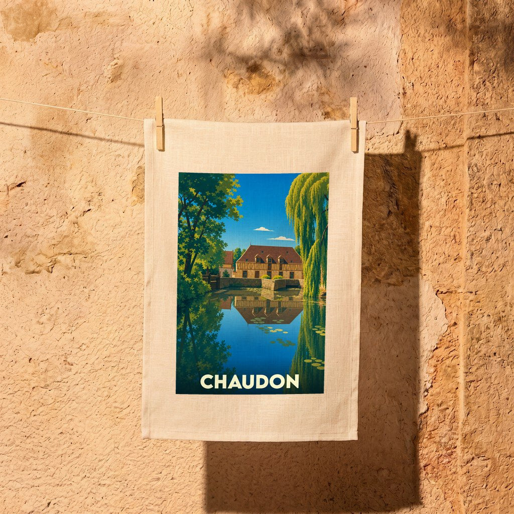 Torchon souvenir de la ville de Chaudon avec une illustration stylisée d'un moulin au bord de l'eau.