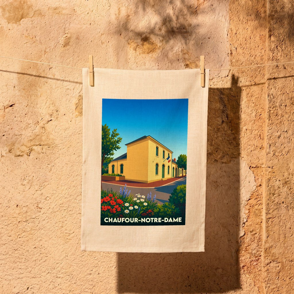 Torchon souvenir de la ville de Chaufour-Notre-Dame avec une illustration colorée et stylisée.