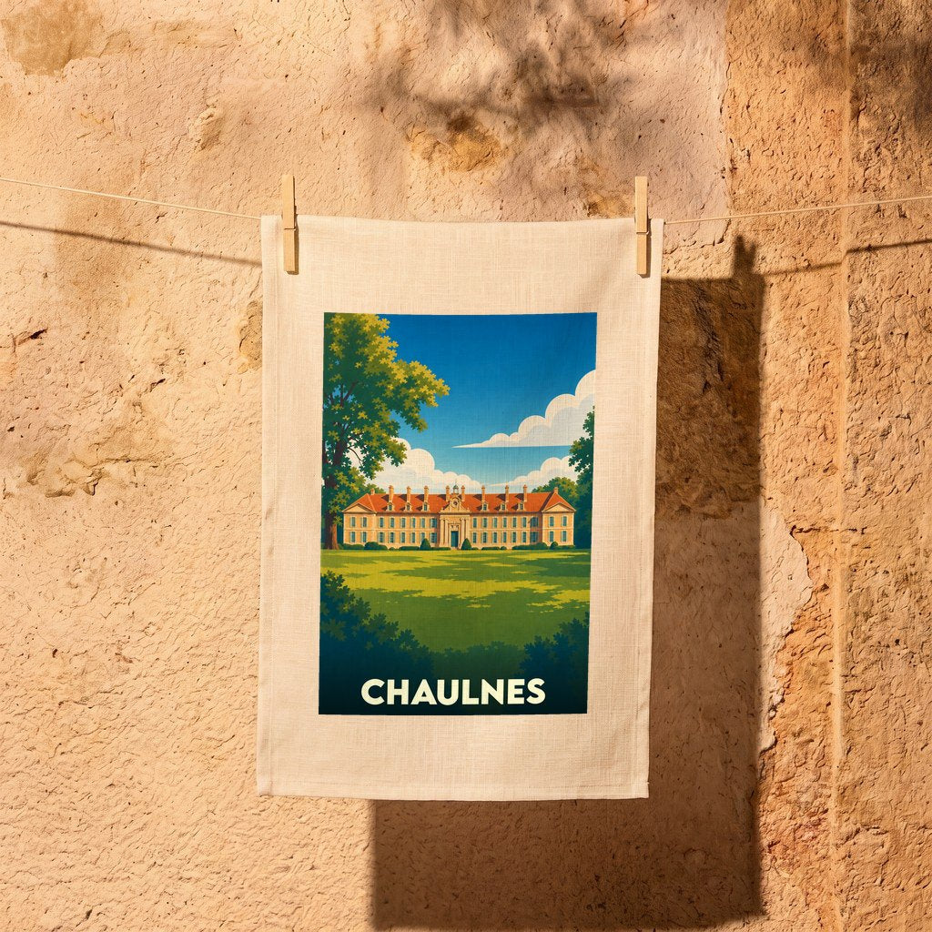Torchon souvenir de la ville de Chaulnes illustré d'un château majestueux sur une pelouse verdoyante.