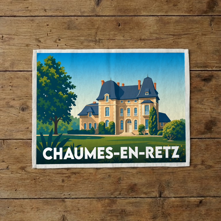 Torchon souvenir de la ville de Chaumes-en-Retz avec une illustration stylisée d'un château.