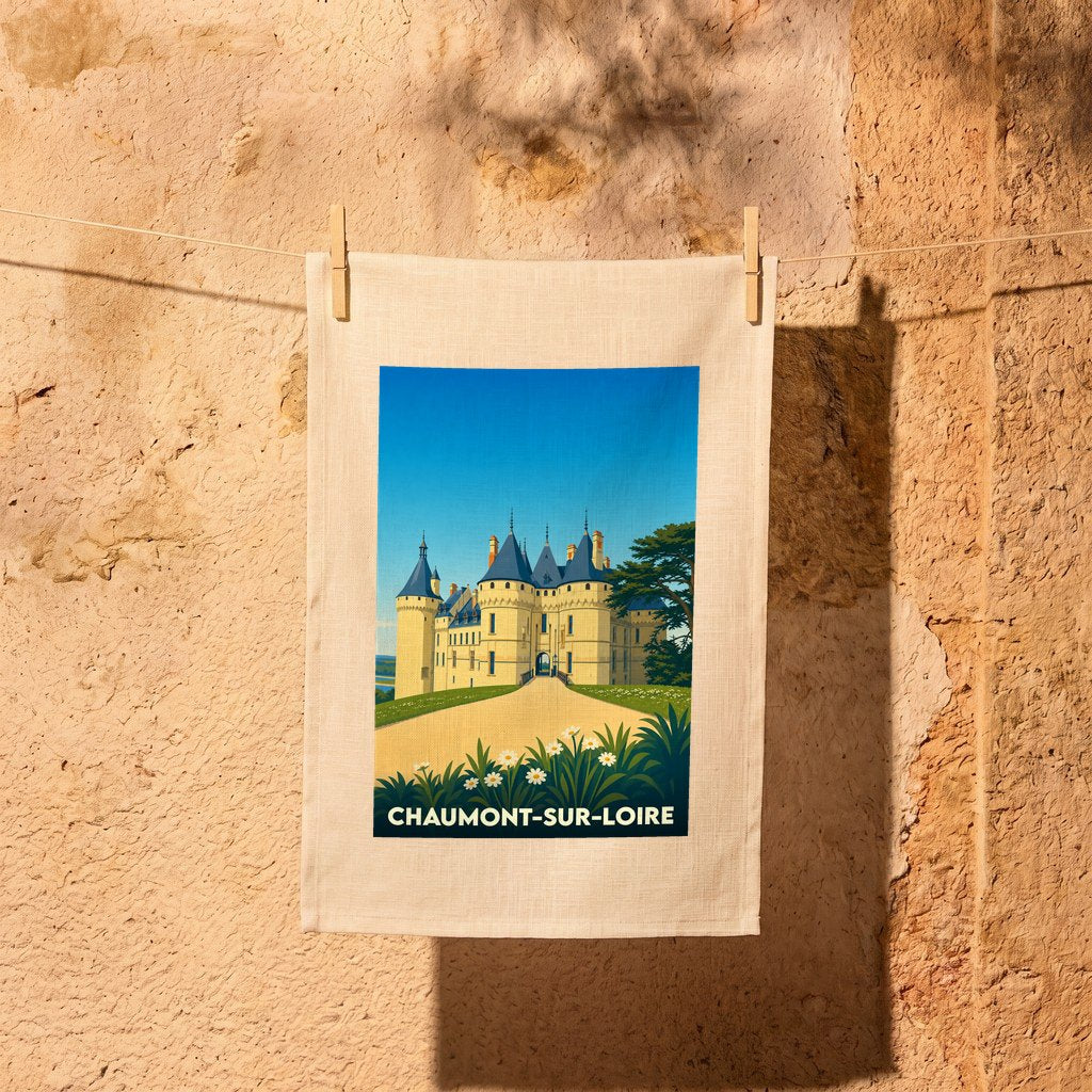 Torchon souvenir de Chaumont-sur-Loire avec une illustration stylisée de son château.