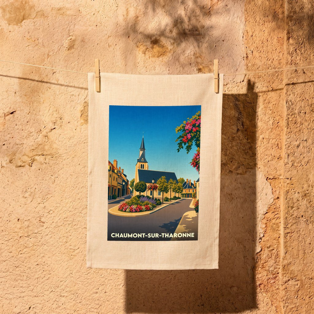 Torchon souvenir de la ville de Chaumont-sur-Tharonne avec une illustration stylisée de son église et de ses rues fleuries.