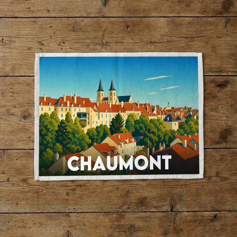 Torchon souvenir de la ville de Chaumont avec une illustration stylisée de ses toits et de ses clochers.