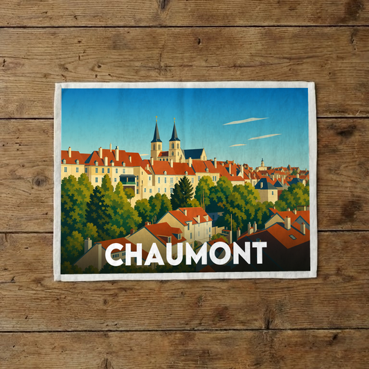 Torchon souvenir de la ville de Chaumont avec une illustration stylisée de ses toits et de ses clochers.