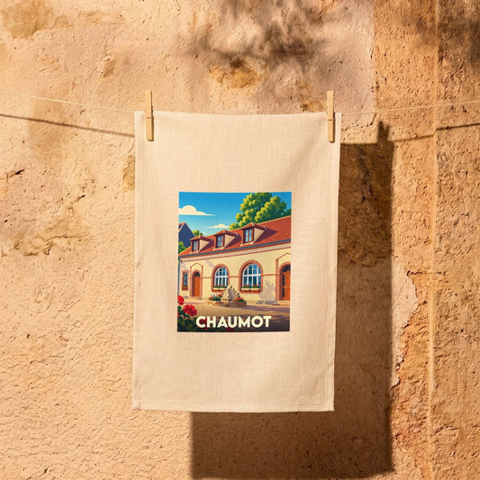 Torchon souvenir de la ville de Chaumot avec une illustration stylisée d'un bâtiment traditionnel.