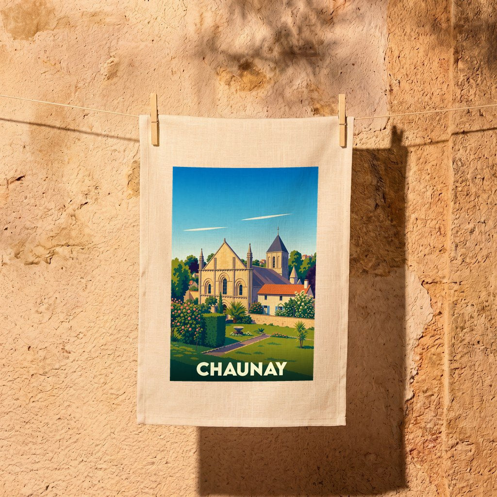 Torchon souvenir de la ville de Chaunay avec une illustration stylisée de son église et de ses jardins.