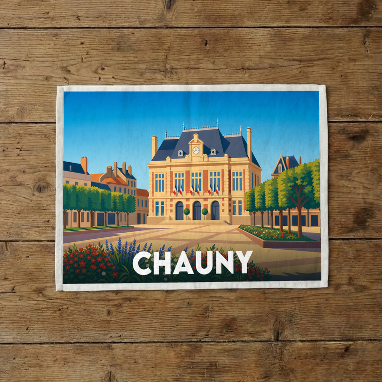 Torchon souvenir de la ville de Chauny avec une illustration stylisée de son hôtel de ville.