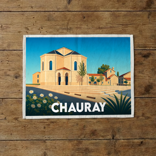 Torchon souvenir de la ville de Chauray avec une illustration stylisée de son église et de sa place.