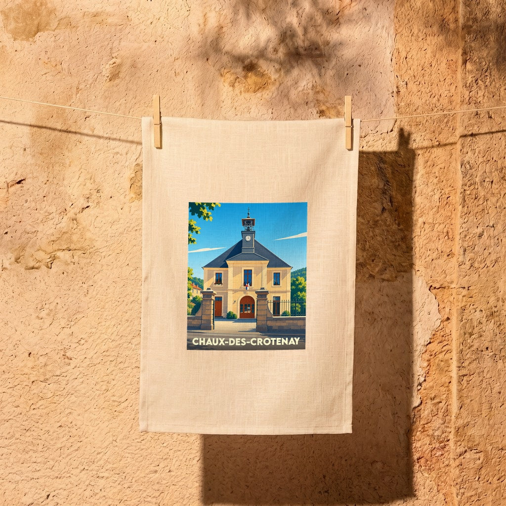 Torchon souvenir de la ville de Chaux-des-Crotenay illustré d'une affiche stylisée de sa mairie.