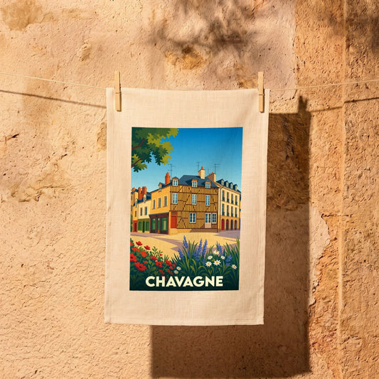 Torchon souvenir de la ville de Chavagne avec une illustration stylisée.