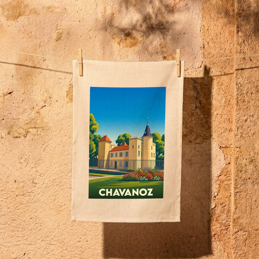Torchon souvenir de la ville de Chavanoz avec une illustration stylisée de son château.