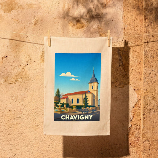 Torchon souvenir de la ville de Chavigny orné d'une illustration stylisée de son église.