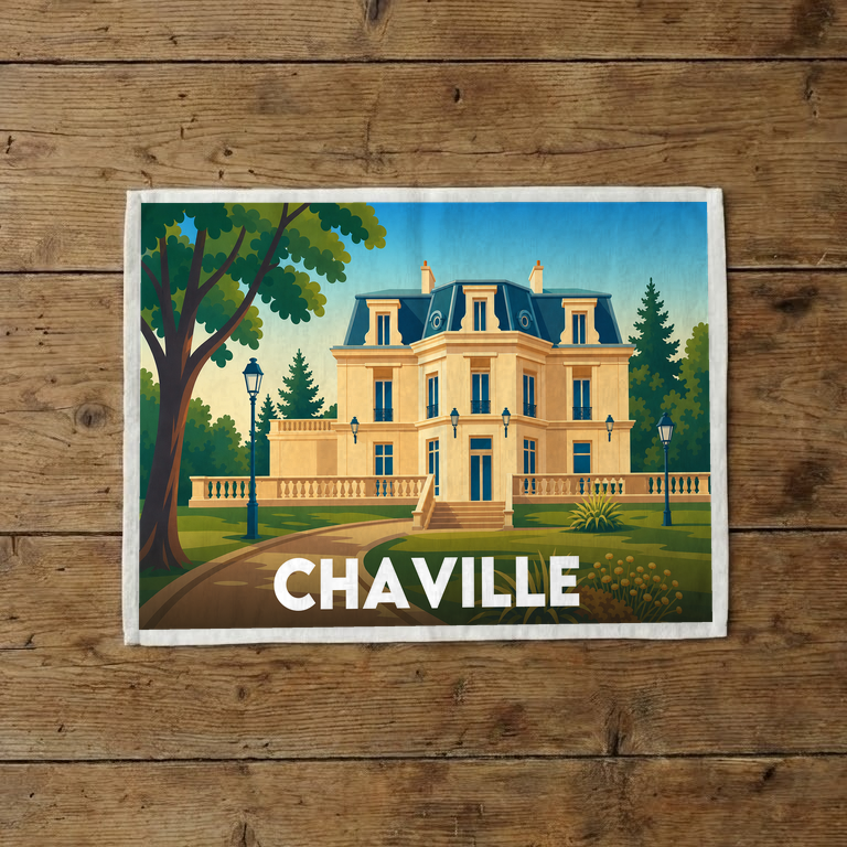 Torchon souvenir de la ville de Chaville avec une illustration stylisée d'une grande demeure classique.