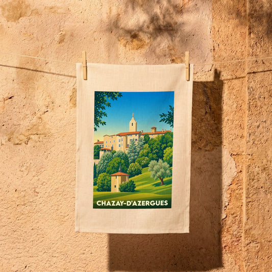 Torchon souvenir de la ville de Chazay-d'Azergues avec une illustration stylisée.