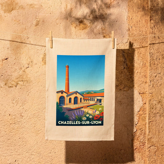 Torchon souvenir de la ville de Chazelles-sur-Lyon avec une illustration stylisée.