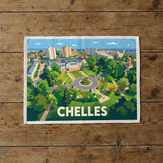 Torchon souvenir de la ville de Chelles avec une illustration stylisée d'un parc et de bâtiments.