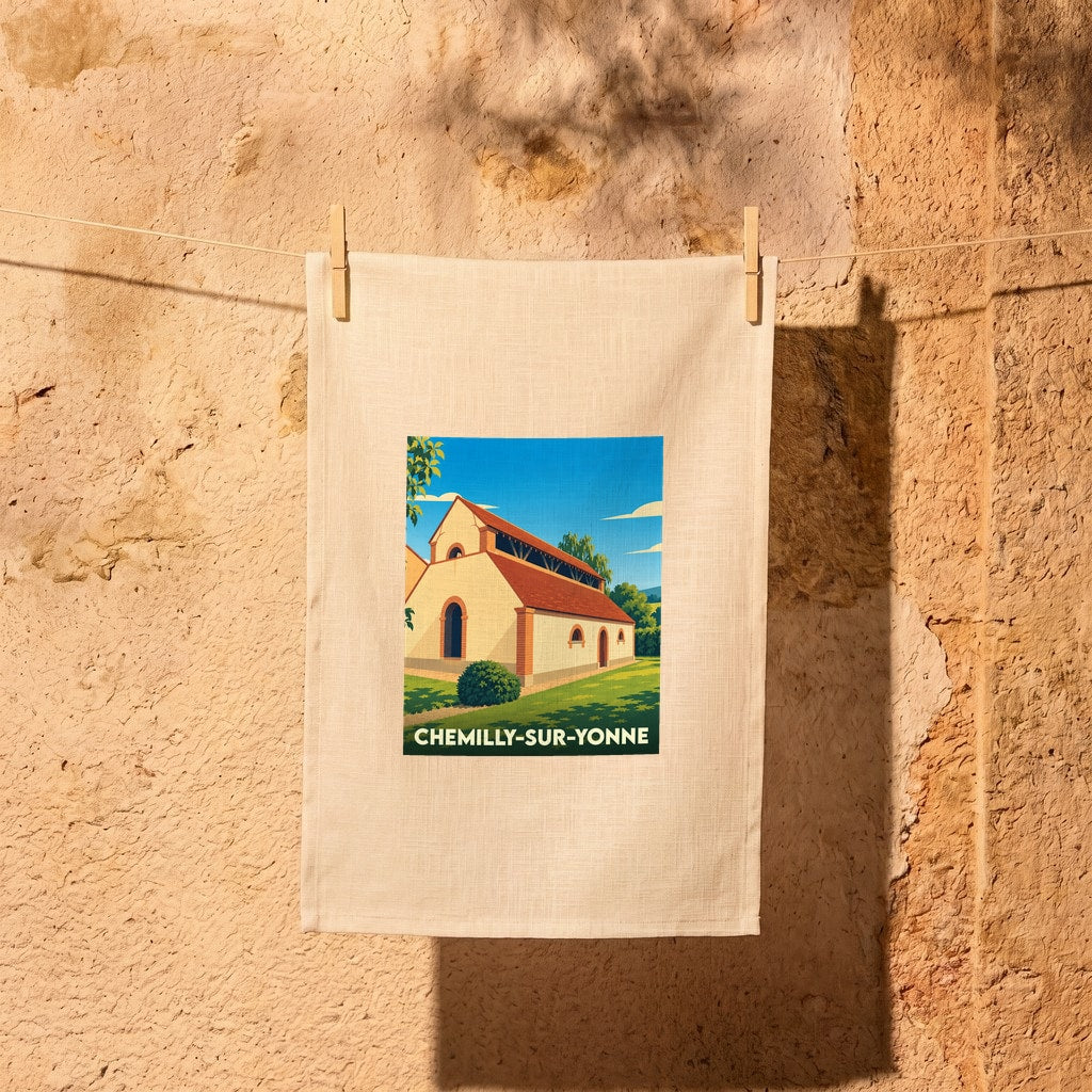 Torchon souvenir de la ville de Chemilly-sur-Yonne avec une illustration stylisée.