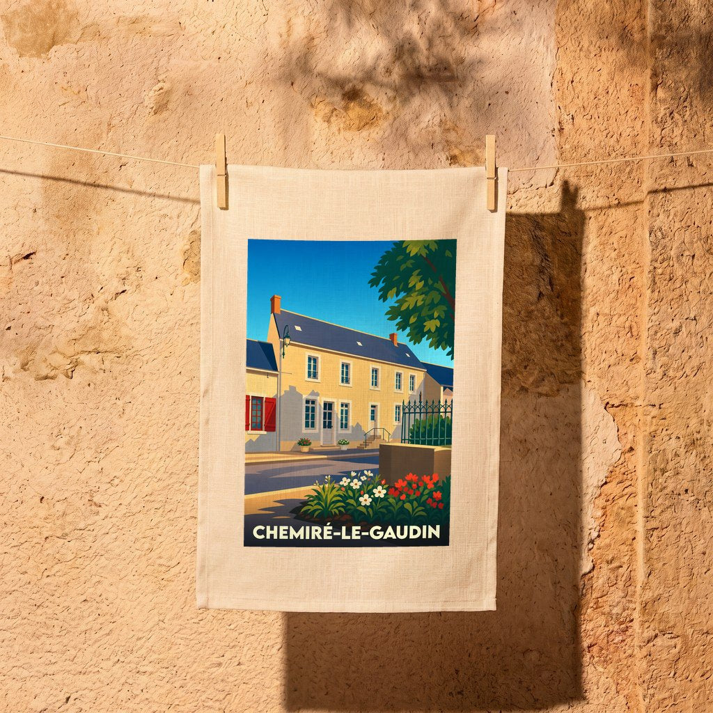 Torchon souvenir de la ville de Chemiré-le-Gaudin avec une illustration stylisée d'une maison de village.