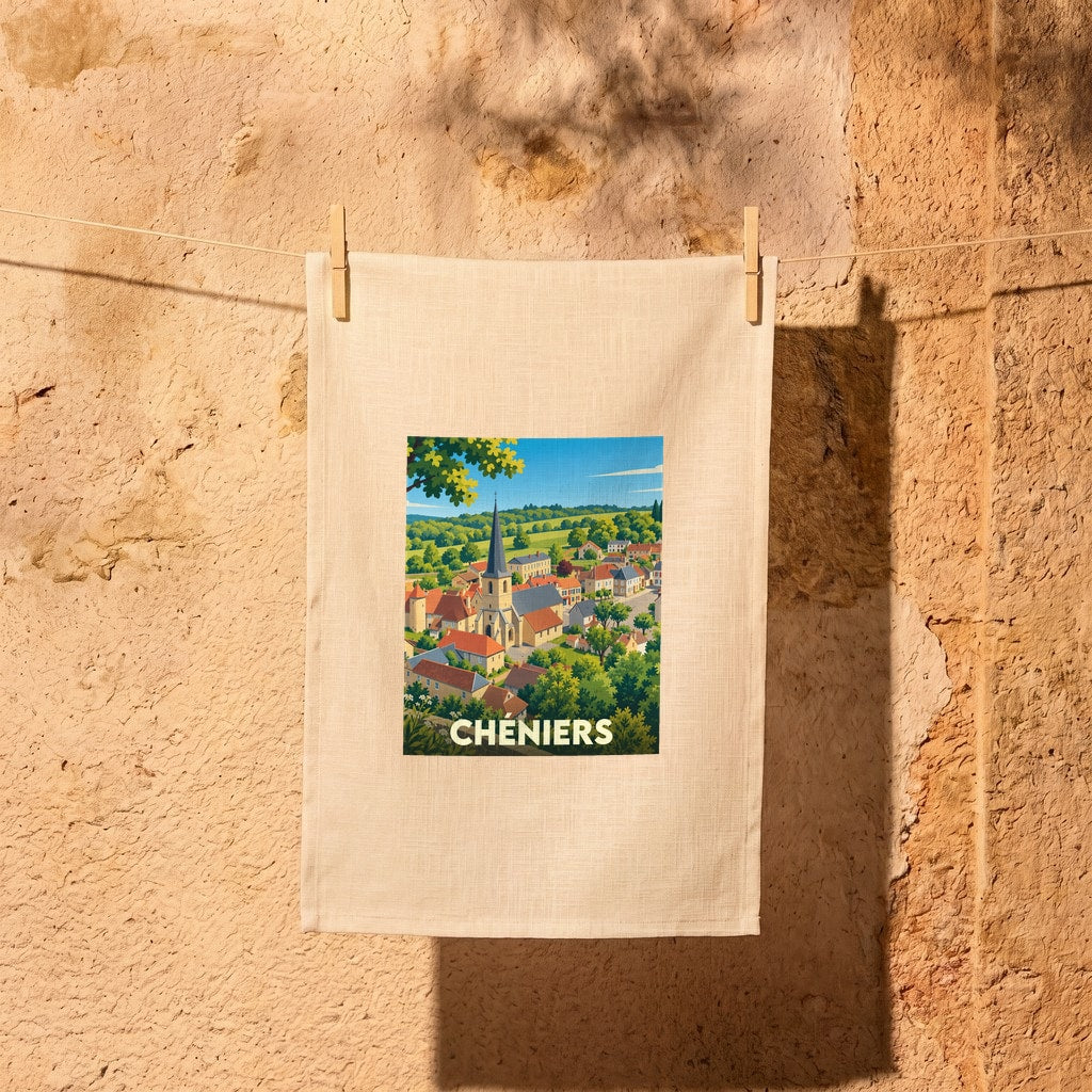 Torchon souvenir de la ville de Chéniers illustré par une vue panoramique stylisée du village et de son église.