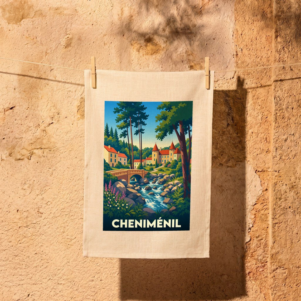 Torchon souvenir de la ville de Cheniménil avec une illustration stylisée d'un paysage naturel et architectural.