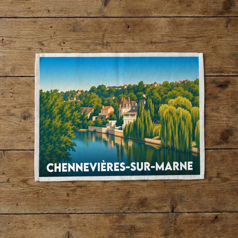 Torchon souvenir de Chennevières-sur-Marne avec une illustration paysagère stylisée.