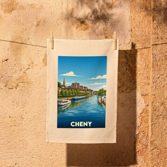 Torchon souvenir de la ville de Cheny avec une illustration stylisée représentant les quais et l'église.