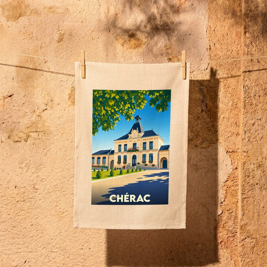 Torchon souvenir de la ville de Chérac avec une illustration stylisée de sa mairie.