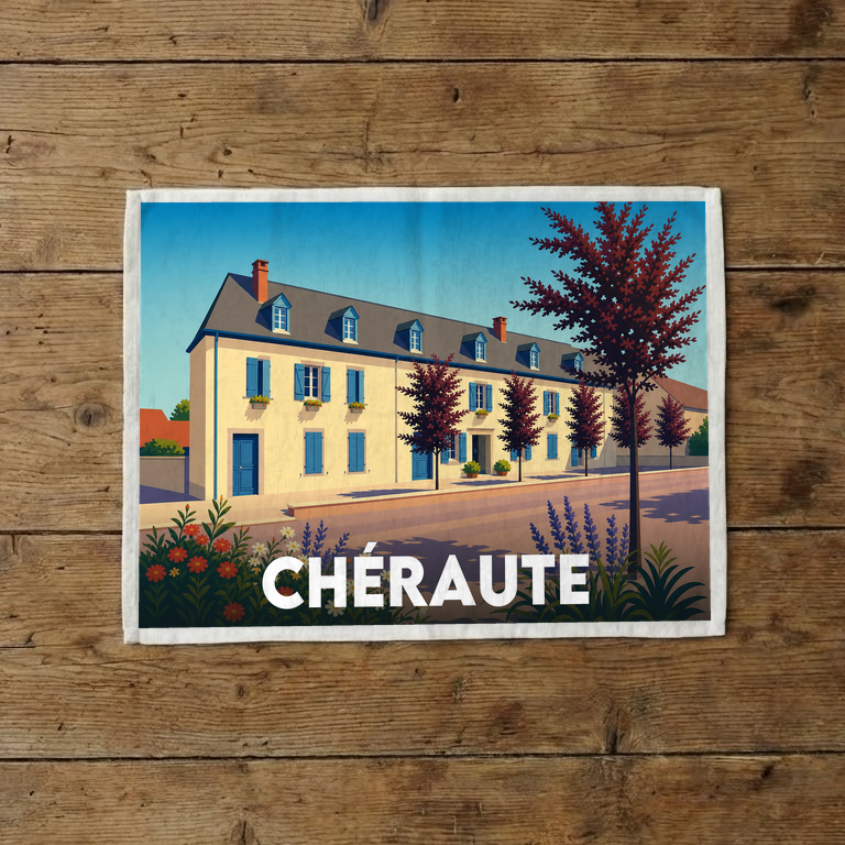 Torchon souvenir de la ville de Chéraute avec une illustration stylisée d'un bâtiment traditionnel aux volets bleus.