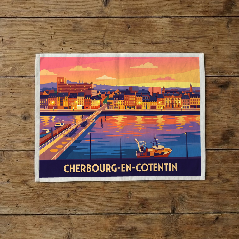 Torchon souvenir de la ville de Cherbourg-en-Cotentin avec une illustration stylisée du port au coucher du soleil.