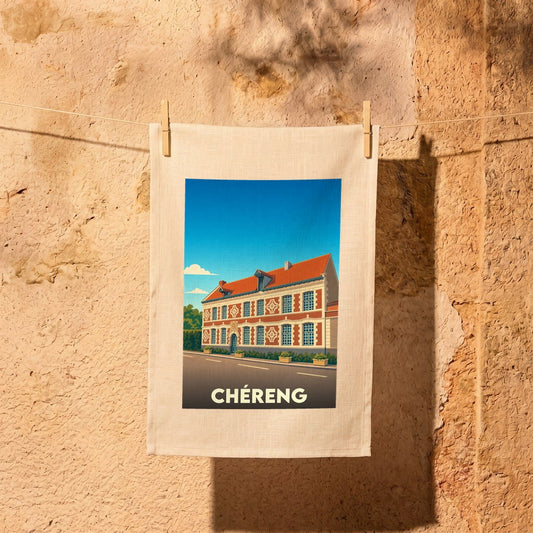 Torchon souvenir de la ville de Chéreng avec une illustration stylisée d'un bâtiment historique.