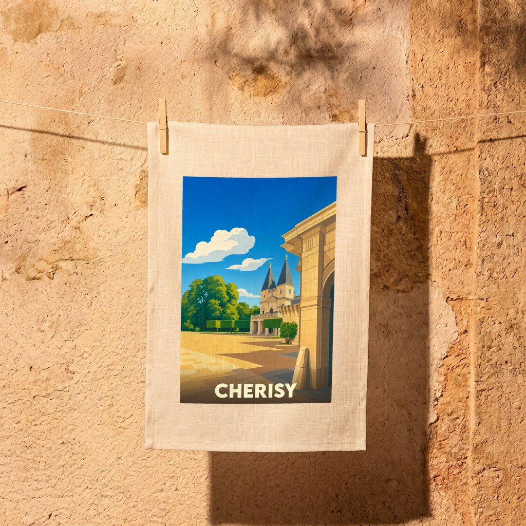 Torchon souvenir de la ville de Cherisy avec une illustration stylisée.