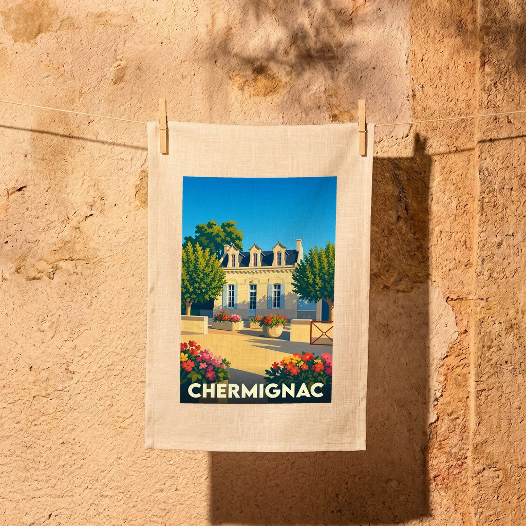 Torchon souvenir de la ville de Chermignac avec une illustration stylisée d'une maison traditionnelle.