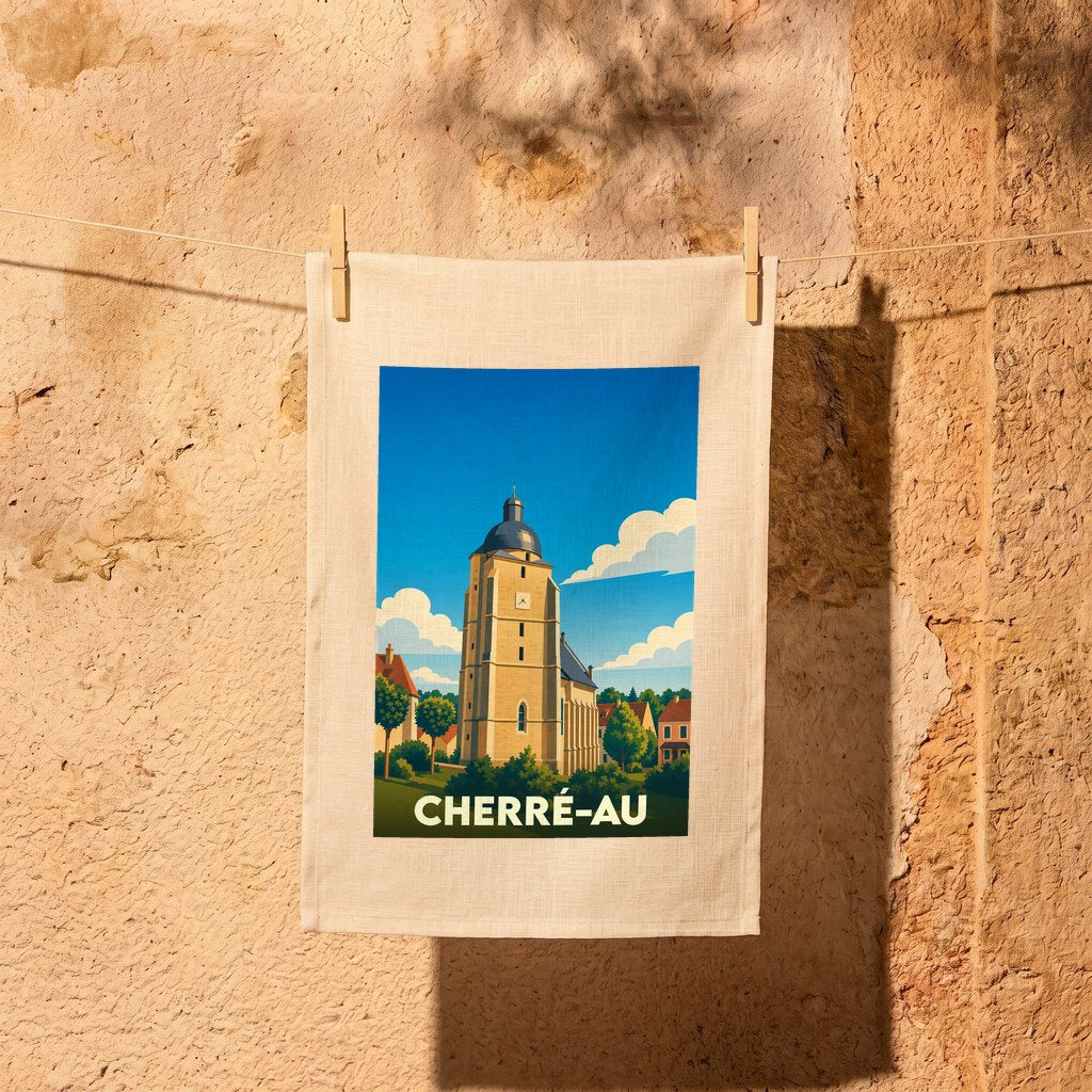 Torchon souvenir de la ville de Cherré-Au avec une illustration stylisée de son église.