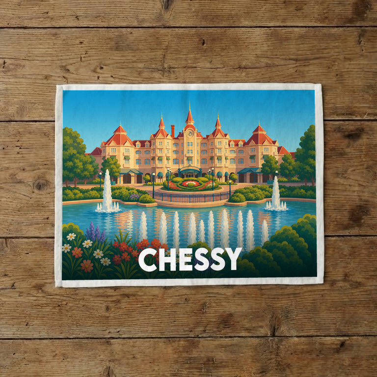 Torchon souvenir de la ville de Chessy avec une illustration stylisée de l'Hôtel Disneyland et de ses fontaines.