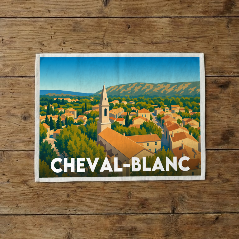 Torchon souvenir de la ville de Cheval-Blanc avec une illustration stylisée de son paysage.