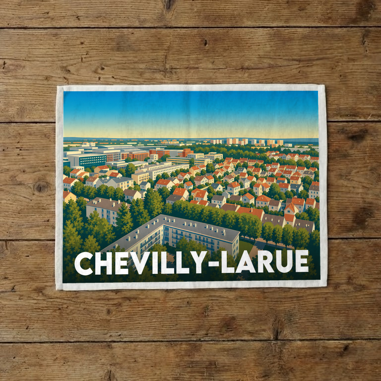 Torchon souvenir de la ville de Chevilly-Larue avec une illustration urbaine stylisée.
