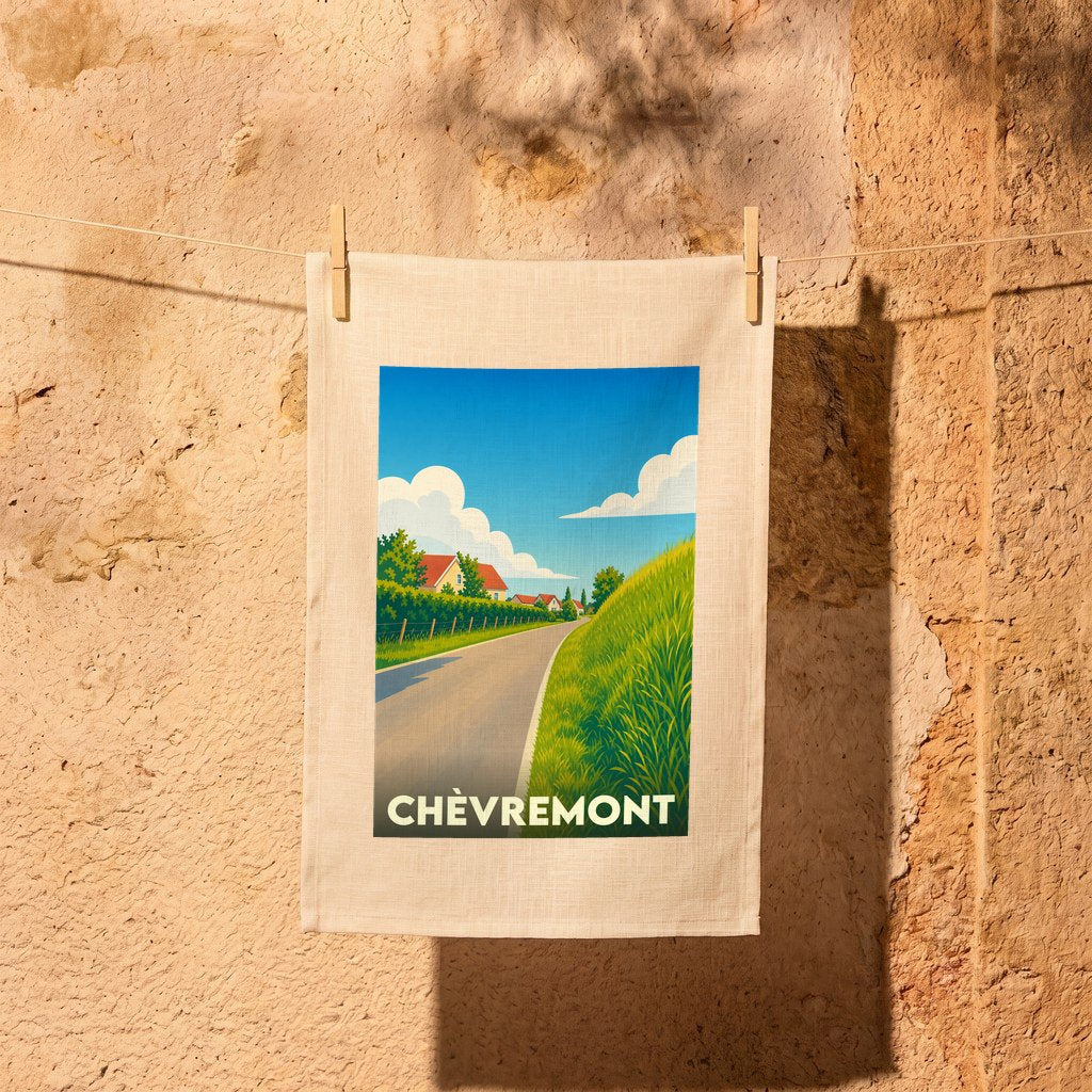 Torchon souvenir de la ville de Chèvremont avec une illustration stylisée d'un paysage de campagne.