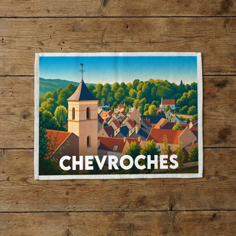 Torchon souvenir de la ville de Chevroches avec une illustration stylisée du village.